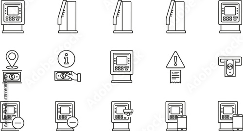 Collection of black‑and‑white ATM transaction icons showing cash withdrawal, deposit, mobile banking, alerts, and financial operations