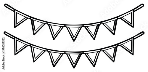 Hand-drawn illustration of two rows of triangular bunting flags strung on lines