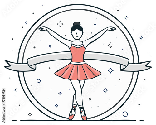 Graceful ballet dancer in a pink dress performing inside a circular emblem, line art design