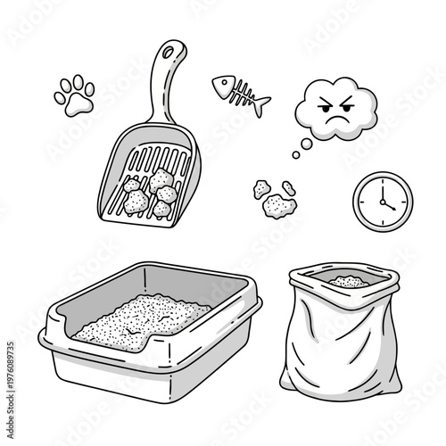 Cat litter box cleaning concept with scoop waste and angry thought bubble showing pet care routine.