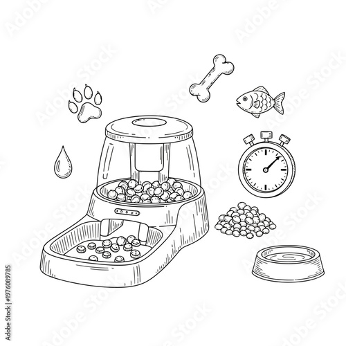 Automatic pet food dispenser with timer, food bowl, kibble pile, bone, fish, paw prints, and water drop for automated pet feeding solutions.