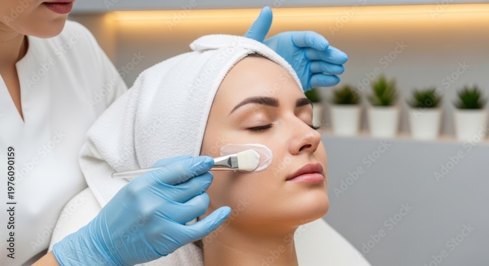 Naklejka premium A skincare professional applies a facial mask to a woman's face. The woman is wearing a white towel around her head and closed eyes.