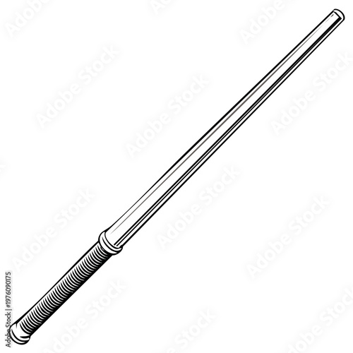 Magic wand with detailed handle and slender shaft, isolated graphic illustration.