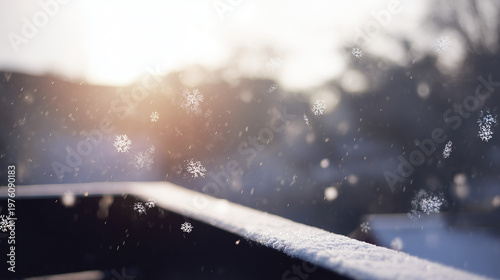 Delicate snowflakes drifting through amber light, forming a dreamy bokeh backdrop of winter serenity. travel magazines.