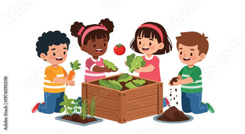 A group of four happy, diverse children enjoy gardening together, planting vegetables like lettuce and carrots in a wooden crate with fresh soil.