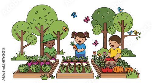 Three diverse children happily harvest fresh vegetables like carrots, radishes, and tomatoes from wooden garden beds in a sunny park.
