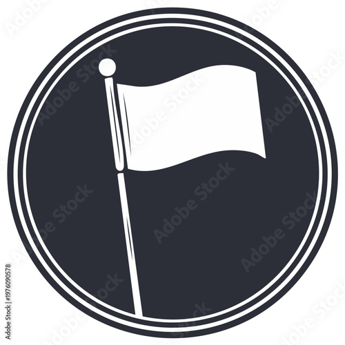 Clean White Flag Icon Waving on Pole Inside Circle Emblem Simple Emblematic Symbol