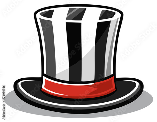 Striped Top Hat with Red Band Illustration Graphic Black and White Colors