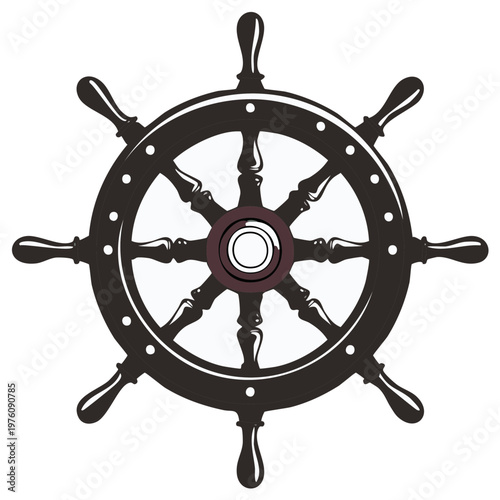 Nautical ship's wheel illustration with spokes and handles.