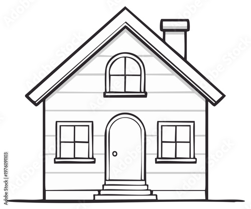 Simple outline drawing of a detached house with arched window and peaked roof