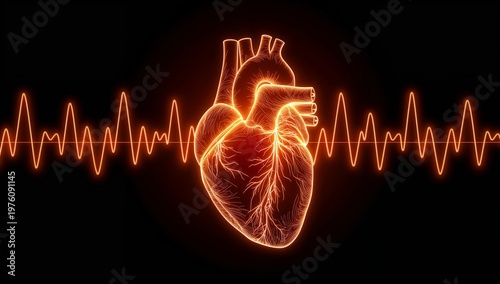 Heart Anatomy with Neon Effect and Electrocardiogram Background