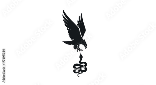Silhouette of a bird of prey swooping down towards a coiled snake on a white background
