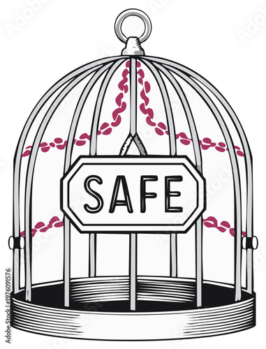 Conceptual illustration of a birdcage with the word SAFE on a sign, abstract concept.