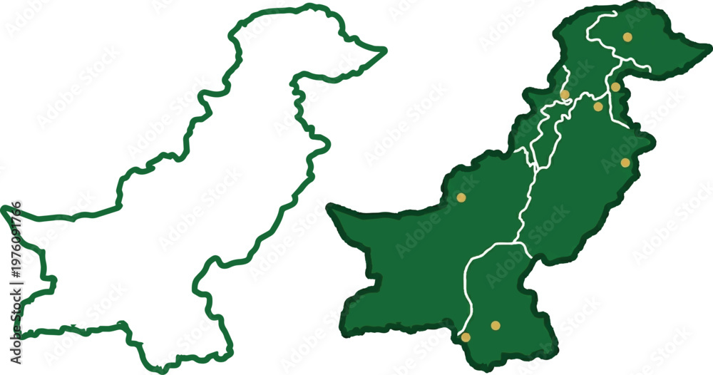 Obraz premium Pakistan Map Vector Set - Outline and Detailed Green Map with Provinces
