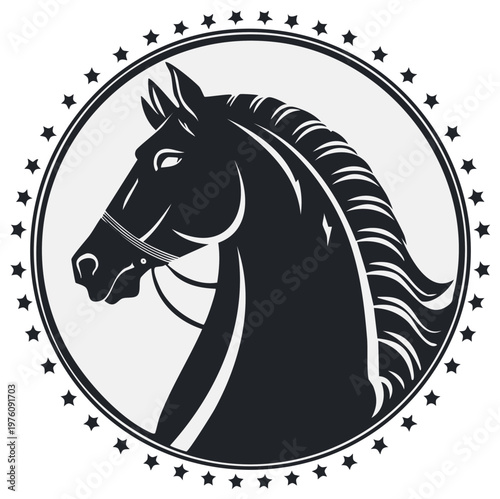 Equine Silhouette Emblem: Horse head portrait within a decorative star circle. Majestic animal, equestrian symbol in monochrome style.