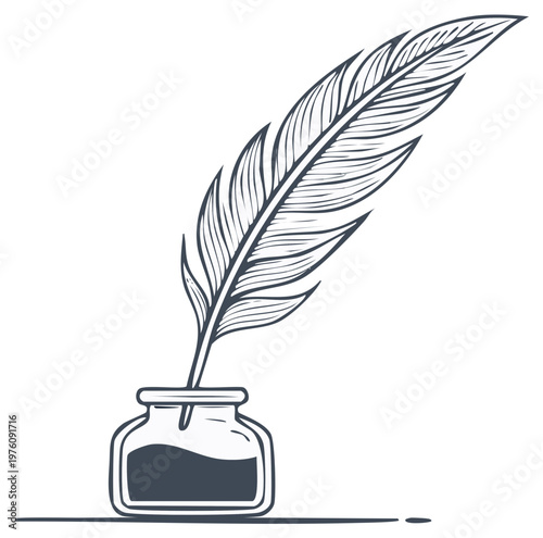 Elegant quill pen illustration resting in an inkwell depicting writing and literary themes in vintage style