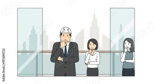 Diverse group of professionals in a modern office building, contemplating ideas and business strategy