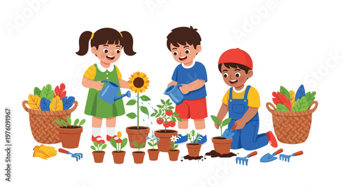 Three happy children are shown gardening together, watering sunflowers and tomatoes while planting new seedlings in a charming vector illustration.