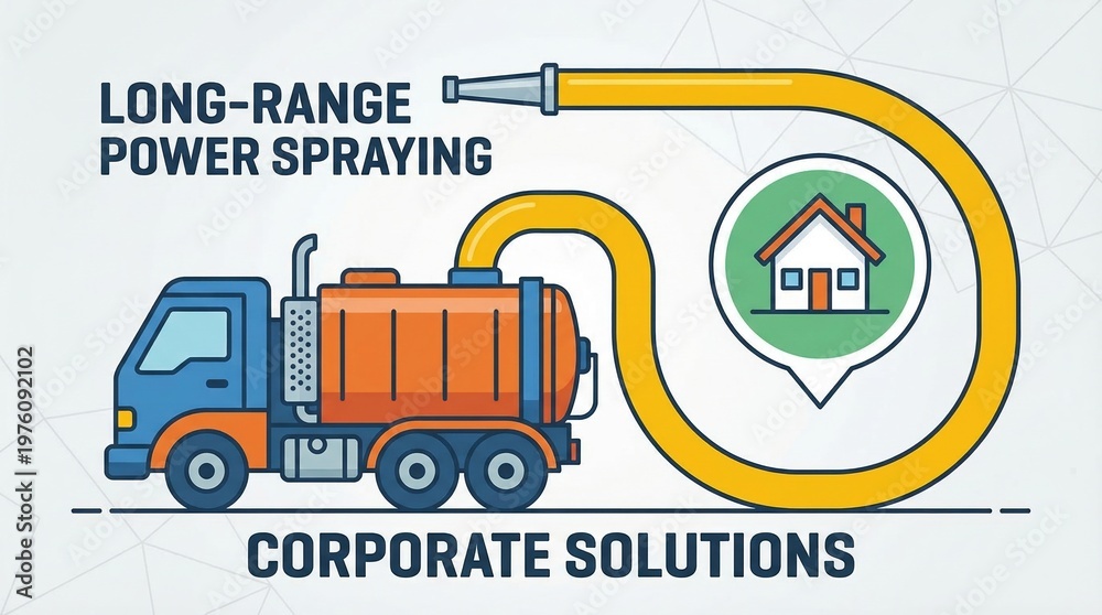 Naklejka premium A blue and orange truck with a long yellow hose circling a house icon. Represents professional pest control and industrial cleaning services. Ideal for marketing and commercial presentations.
