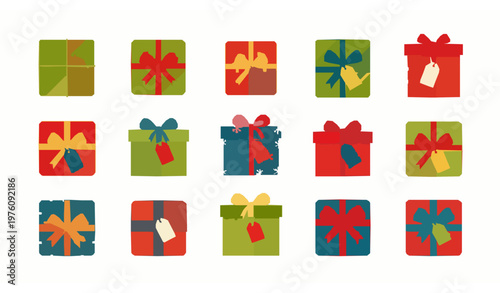 Christmas gift box vector set with colorful wrapped presents and festive holiday packaging collection isolated on white background