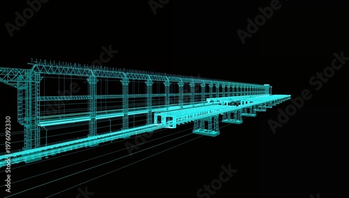 Wireframe Visualization of Modern Train Station in Neon Style