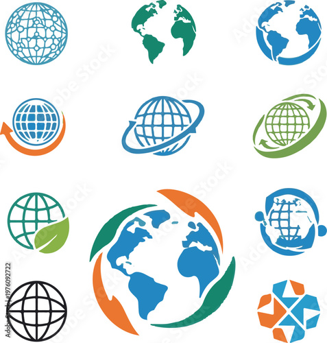 Globe logo vector collection on gray background. World sphere icons for global communication, travel and corporate identity design