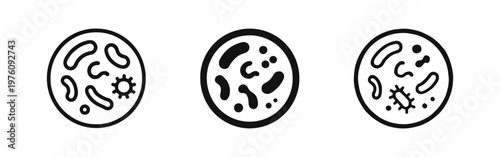 Bacteria and Germs in Petri Dish Icons Set. Microbiology, Virus, Microorganism, Pathogen Vector Symbols.
