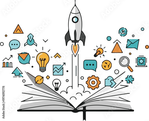 vector illustration of a rocket launching from an open notebook, pages turning into ideas and icons, clean composition, white background, flat modern branding style