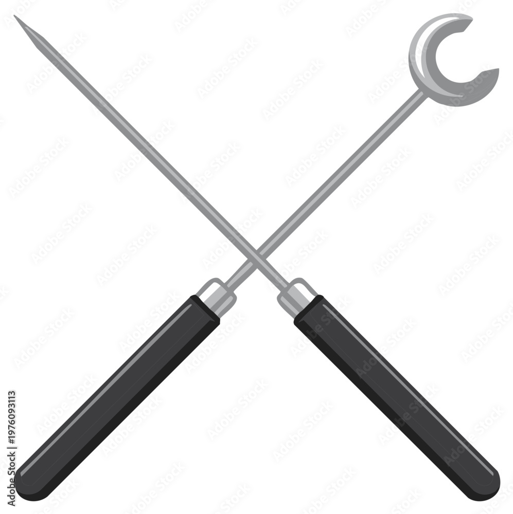 Naklejka premium Crossed metal tools with black handles, industrial design, cooking utensils.