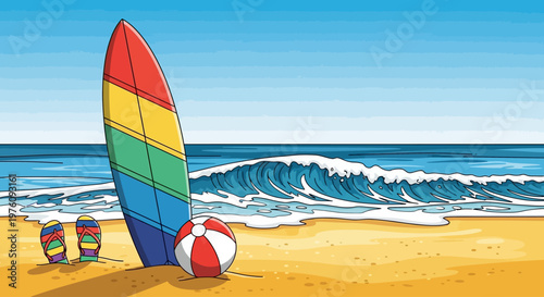 Colorful surfboard on sandy beach shore.