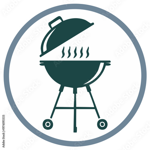 A simple graphic illustration of a barbecue charcoal grill with smoke rising from an open lid for outdoor cooking.