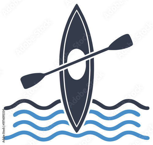 Kayak with paddle on waves vector illustration icon for outdoor water sport recreation activity