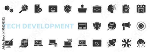 Tech Development icon set glyph style with configuration, Laptop, program, startup, maintenance, computing icons