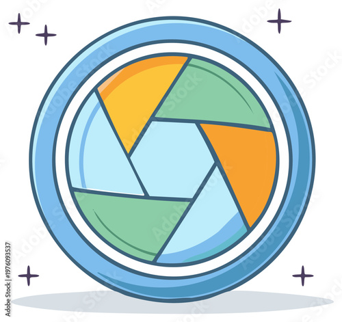 Stylized camera aperture with colorful blades and sparkling accents