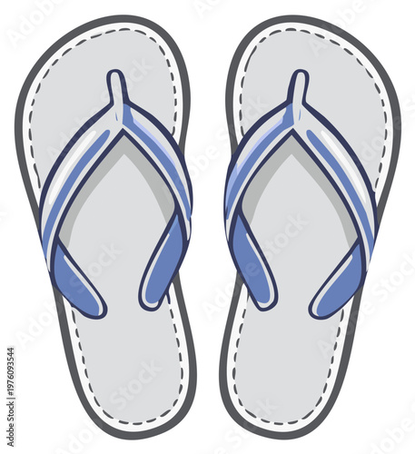 Pair of summer flip-flops, light grey and blue beach sandals, vacation footwear, simple vector illustration, casual shoe