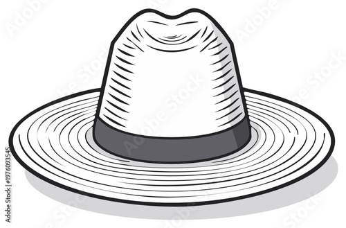Classic white fedora hat with dark band and brim stripes drawn in a vintage style