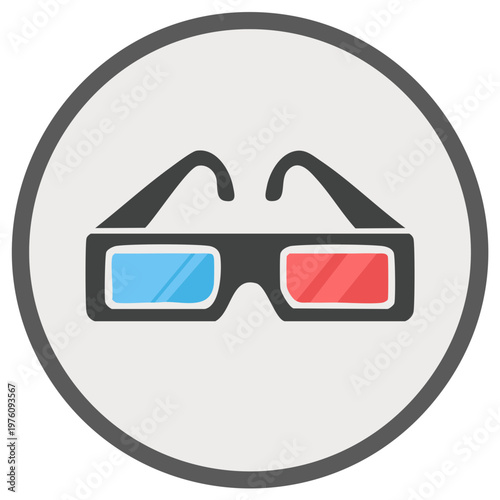 3D Glasses Flat Vector Illustration for Movies Stereoscopic Viewing in a Simple Round Frame