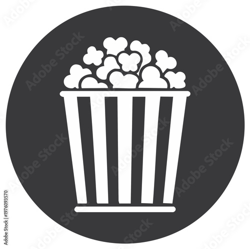 White graphic icon of a striped popcorn bucket filled with fluffy kernels for movies and entertainment.