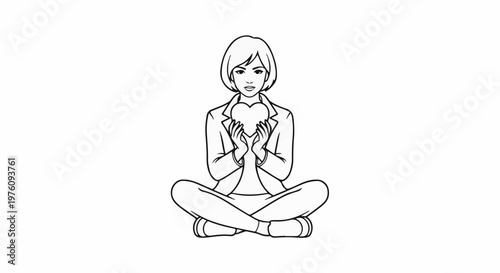 Line drawing of a woman in meditation holding a heart