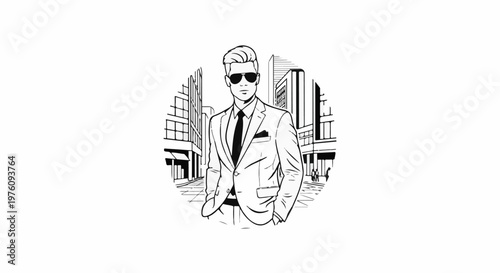 Man in suit with sunglasses stands in city street