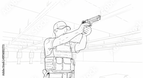 Man in tactical vest fires handgun at target range