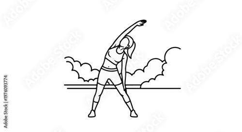 Line drawing of a woman stretching outdoors with abstract cloudy background