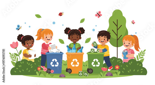 Five diverse children are shown happily sorting paper, glass bottles, and metal cans into colorful recycling bins in a vibrant, sunny park setting.