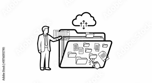 Man interacting with digital file system and cloud storage