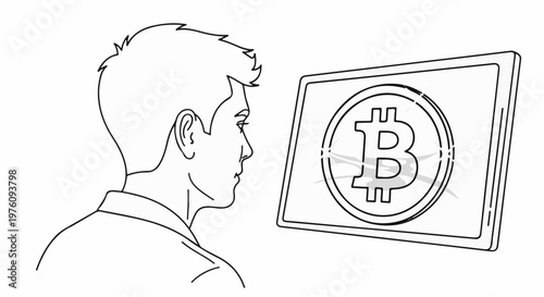 Man looking at a digital screen displaying a Bitcoin symbol with a cracked effect