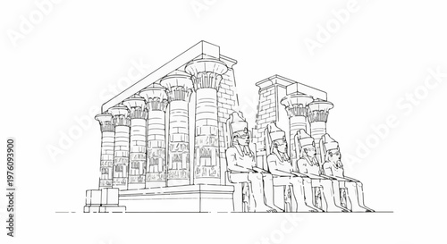 Line drawing of ancient Egyptian pharaoh statues and large columns