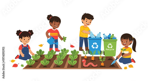 A group of diverse children are depicted joyfully gardening, planting seedlings, and sorting recyclables to care for the environment.