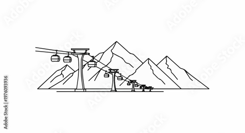 Line drawing of cable cars traversing snow-capped mountains on a bright day