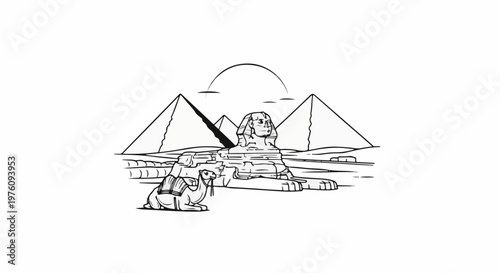 Line drawing of Egyptian pyramids and a camel with a sun arc above