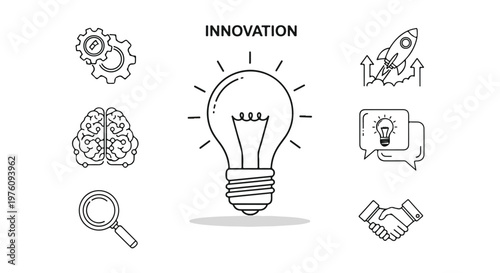 Innovation business icon set, creative light bulb and brain line art, startup rocket and partnership symbols, black and white vector collection